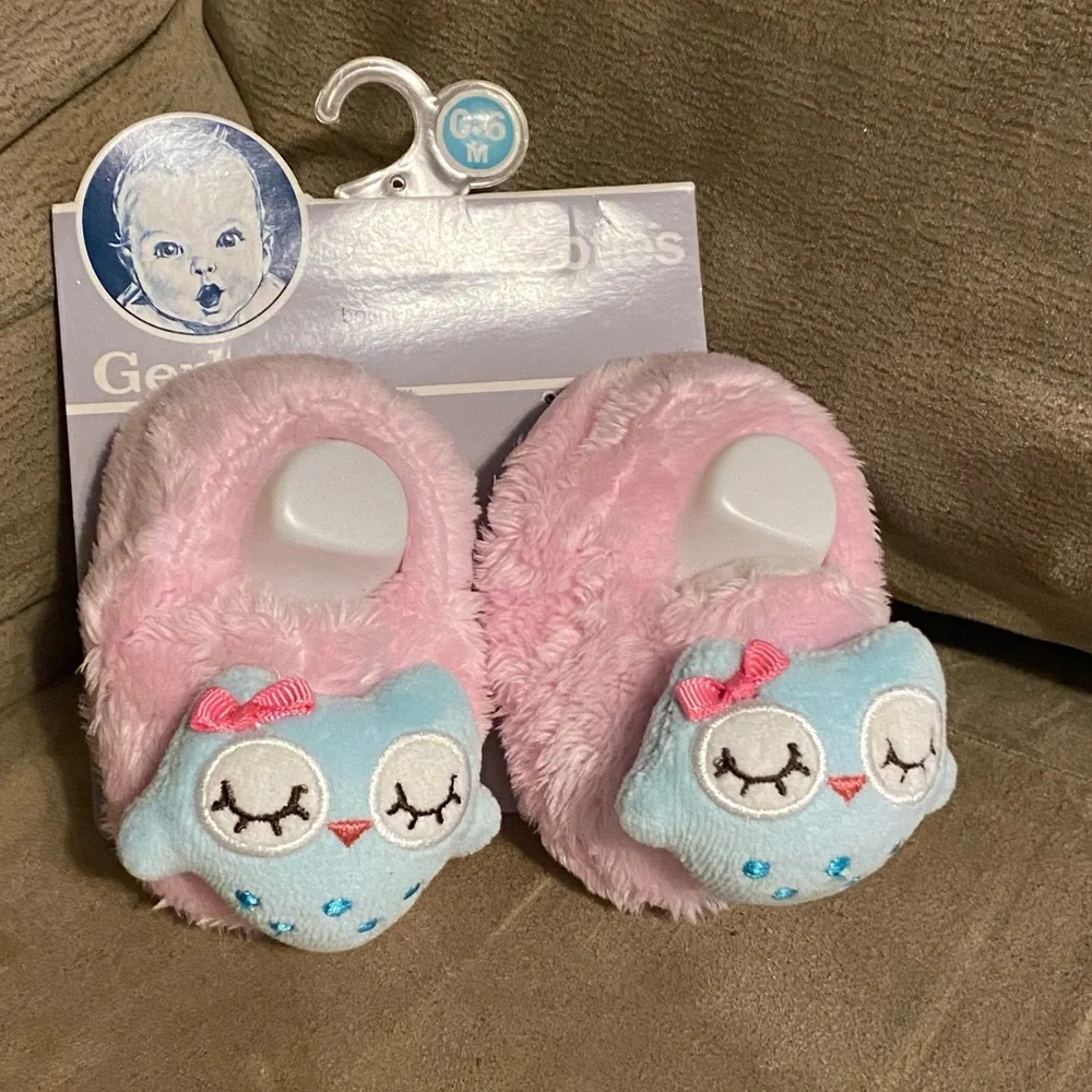 Gerber Owl Baby Slippers | Pink Plush Infant Booties (0–6 Months)